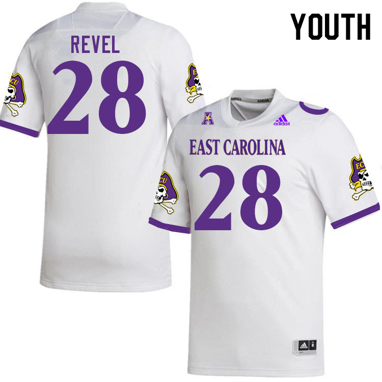 Youth #28 Shavon Revel ECU Pirates 2023 College Football Jerseys Stitched-White - Click Image to Close